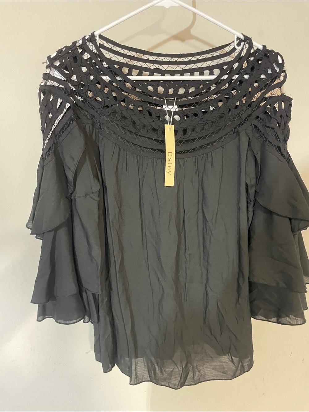 Esley Black Crochet Yoke Cold-Shoulder Ruffle Sleeve Blouse